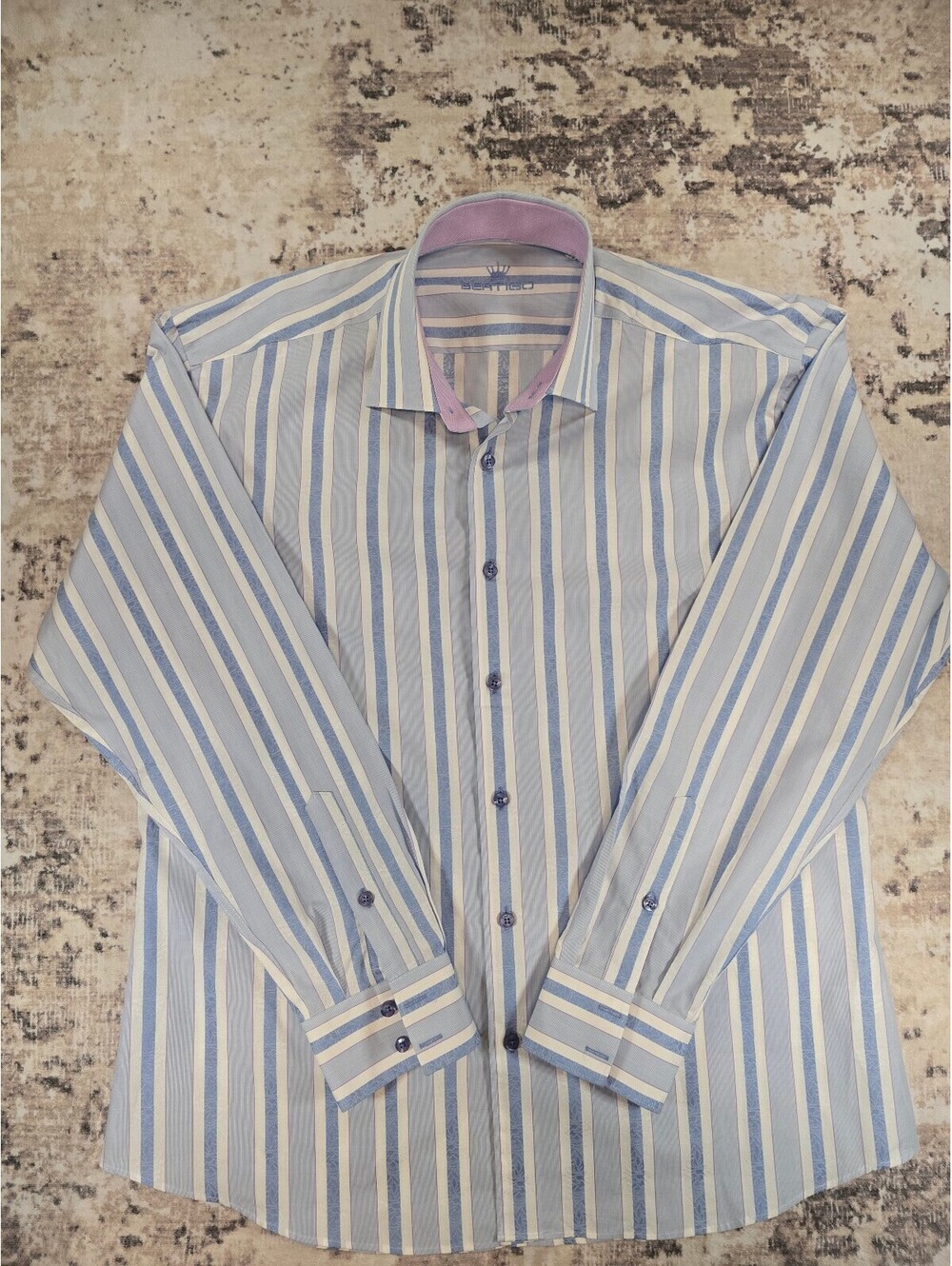 Men's Slim Fit Striped Dress Shirt, Size XL, Blue and White with Pink Collar Acc